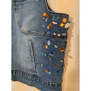 Ashley Stewart 7 Button Denim Jewelled, Shells Bedazzle Vest Sz 18 VERY GOOD